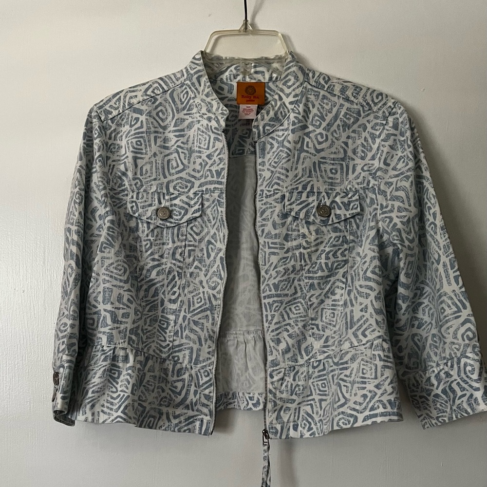 Ruby Rd. Blue And White Pattern Cotton Jean Jacket